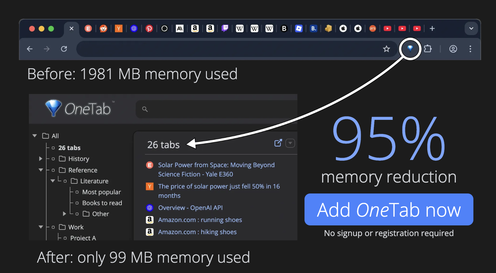 OneTab extension showing 26 tabs collapsed with 95% memory reduction