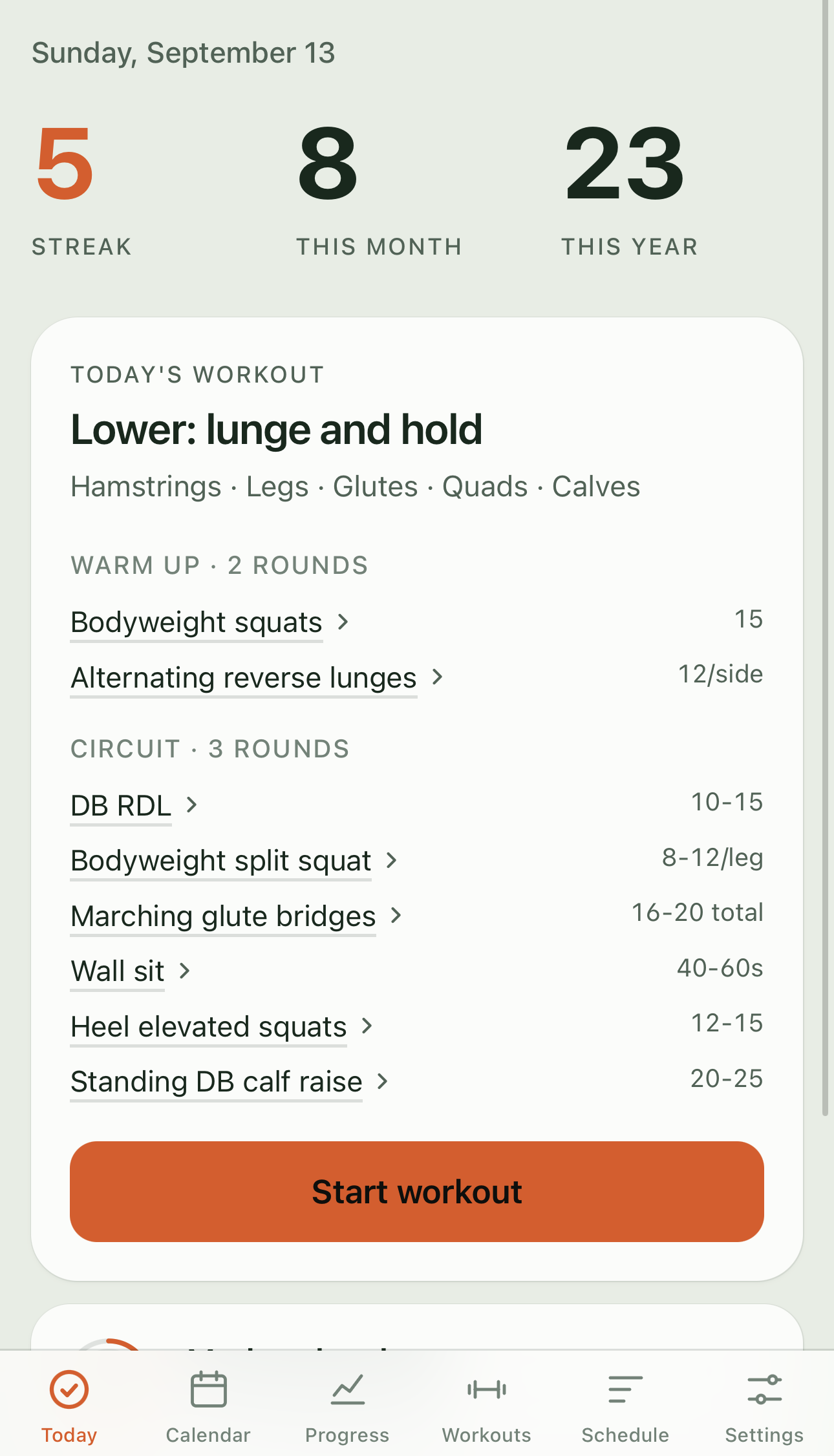 Today screen showing a 5 day streak, the day's lower body workout split into warm up and circuit rounds, and a Start workout button